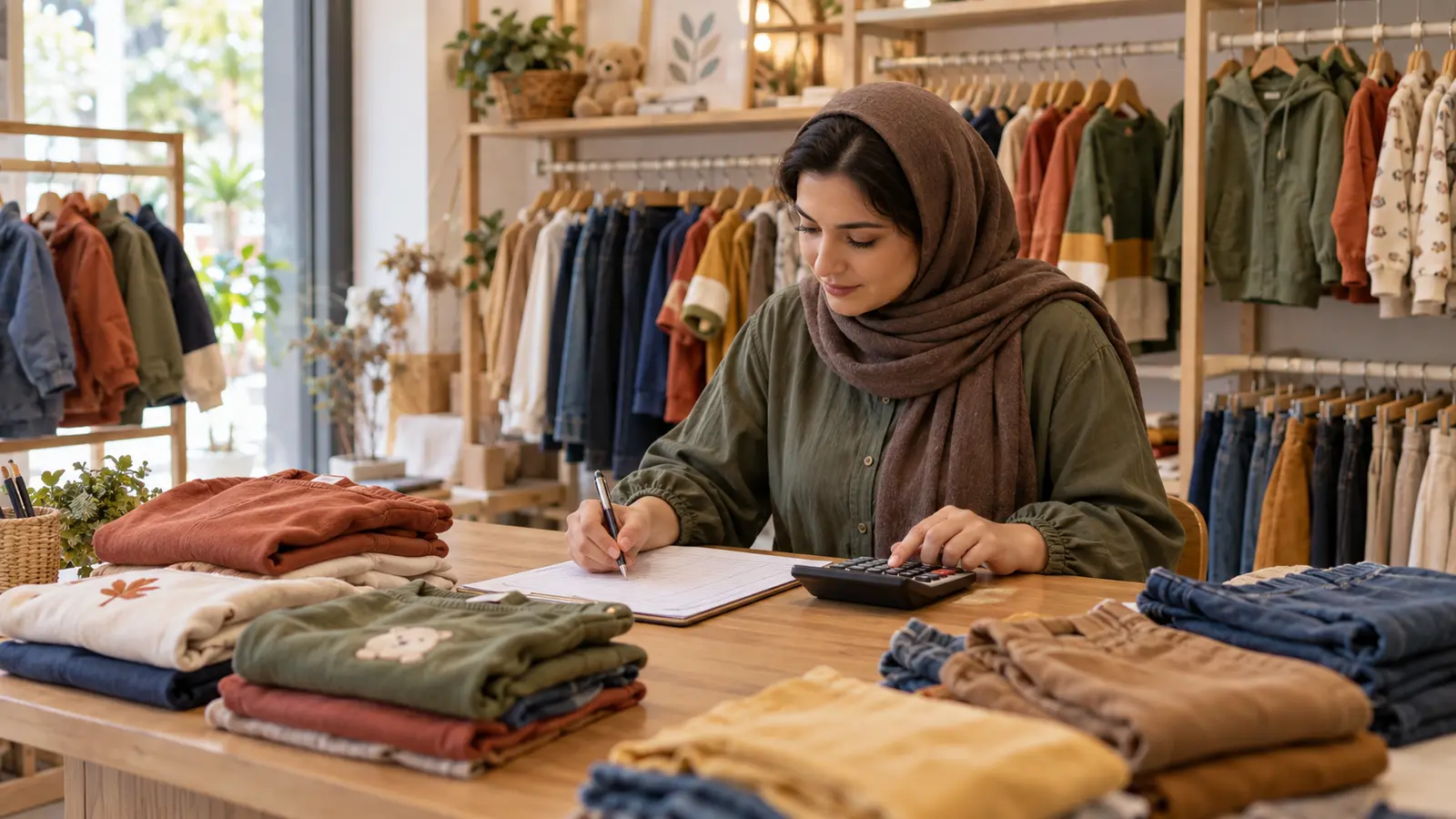 فروشنده پوشاک کودک در حال ثبت فروش هفتگی کنار رگال لباس‌های پاییزه